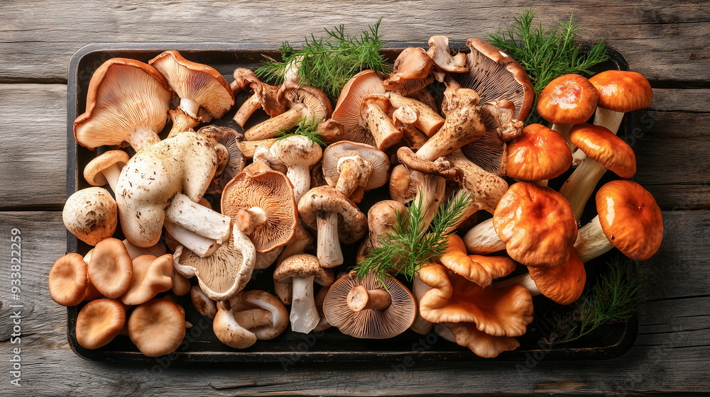 A black tray with a variety of mushrooms and greens A black tray with a variety of mushrooms and greens