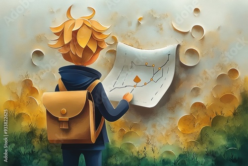 Mission-Driven Business Strategy with Cartoon Character and Roadmap in Watercolor Style