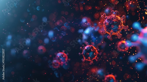 microscopic view of vibrant red and blue virus particles highly detailed 3d render of covid19 molecules eerie scifi atmosphere with glowing structures against dark background