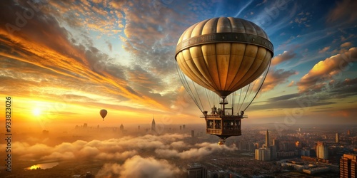 Steampunk hot air balloon flying over a cityscape at sunset, Steampunk, hot air balloon, vintage, retro, steampunk aesthetic