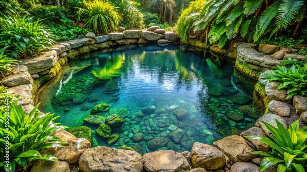 Fototapeta premium Well with crystal clear water surrounded by green plants and rocks , water, clear, rocks, plants, nature, serene, beautiful