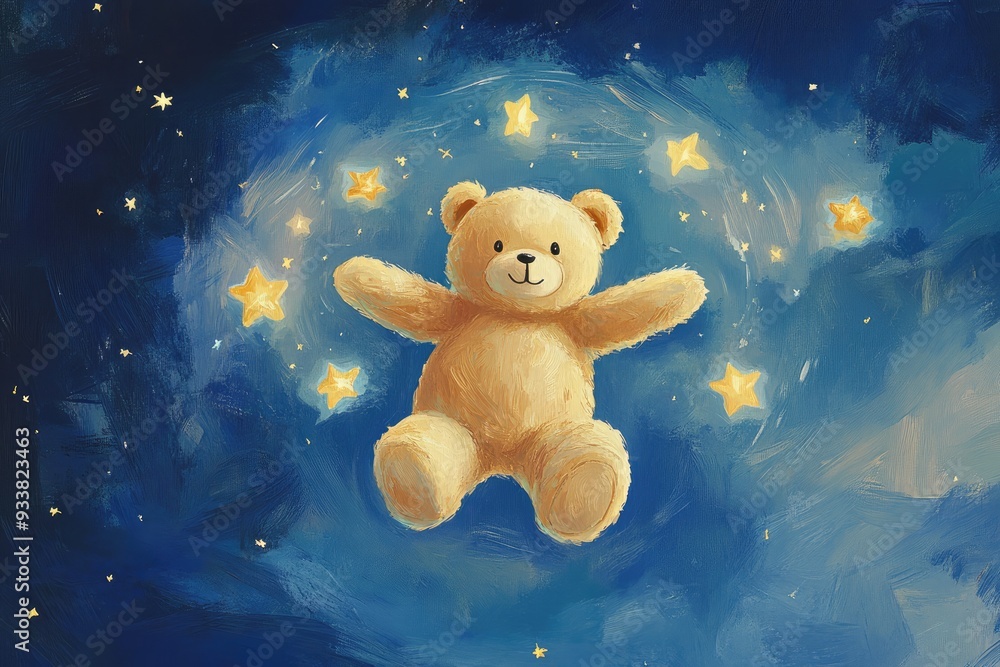Teddy Bear Floating in Mid-Air Surrounded by Shimmering Stars Teddy Bear Floating in Mid-Air Surrounded by Shimmering Stars