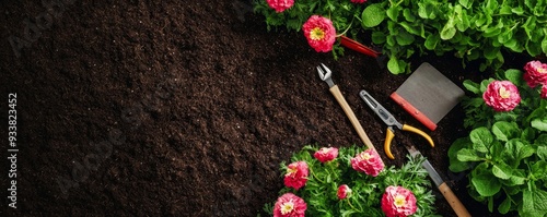 Aerial perspective of a garden workspace, with tools carefully placed among freshly planted flowers on a backdrop of natural soil photo