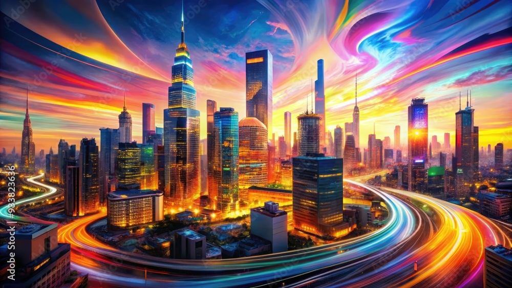 Fototapeta premium Vibrant abstract cityscape with swirling colors and geometric shapes, capturing the dynamic energy and futuristic essence of a bustling metropolitan landscape at dusk.