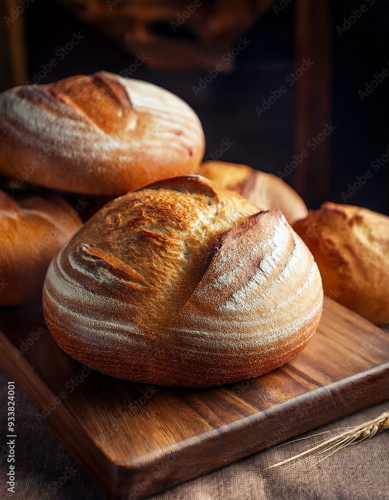 Rustic crusty loaves of bread on wooden cutboard. Bakery concept with homemade circle bread. Rustic crusty loaves of bread on wooden cutboard. Bakery concept with homemade circle bread.