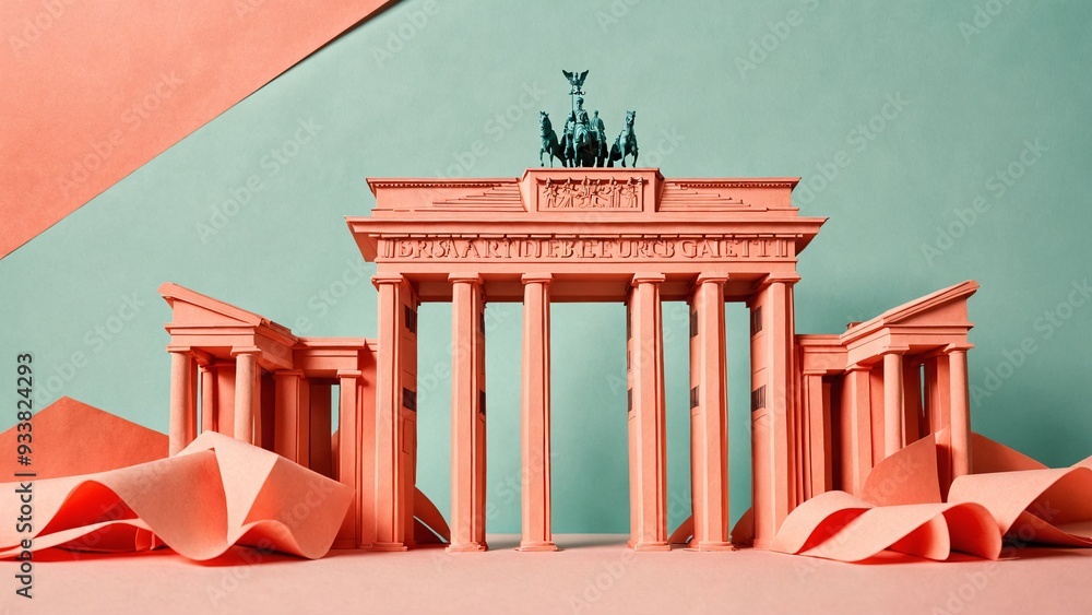 Fototapeta premium Folded paper Brandenburg Gate on a pastel coral background with room for text
