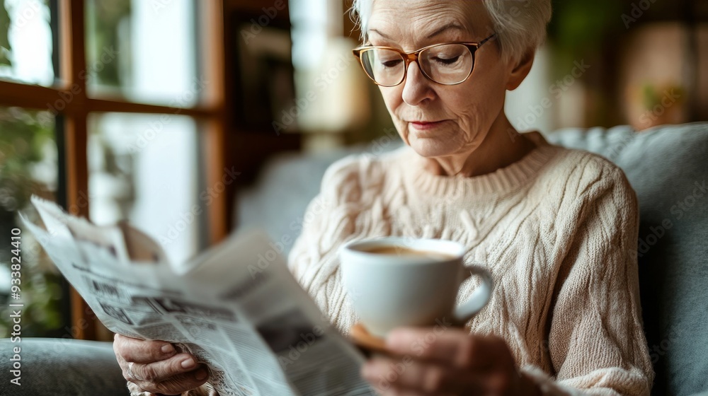Senior woman enjoys coffee and news. Senior woman enjoys coffee and news.