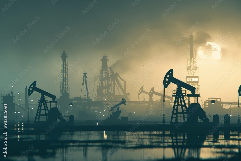 Black oil factory at sunset, conceptual illustration, created using ai tool Black oil factory at sunset, conceptual illustration, created using ai tool