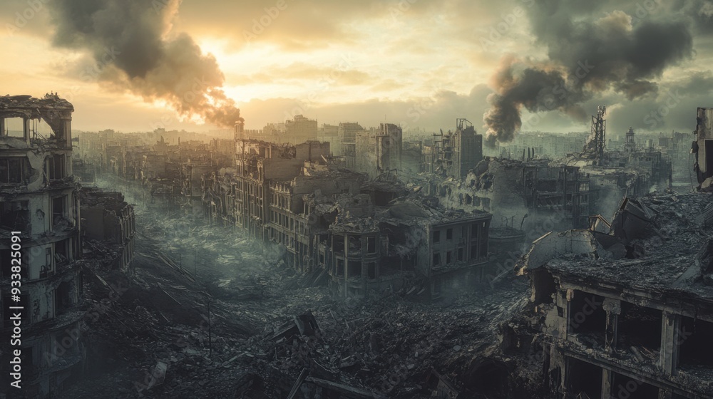 Fototapeta premium ruined cityscape with crumbling buildings and smoke rising in the distance, conveying a sense of desolation and decay.