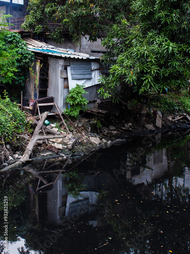 Dilapidated riverside shack surrounded by greenery