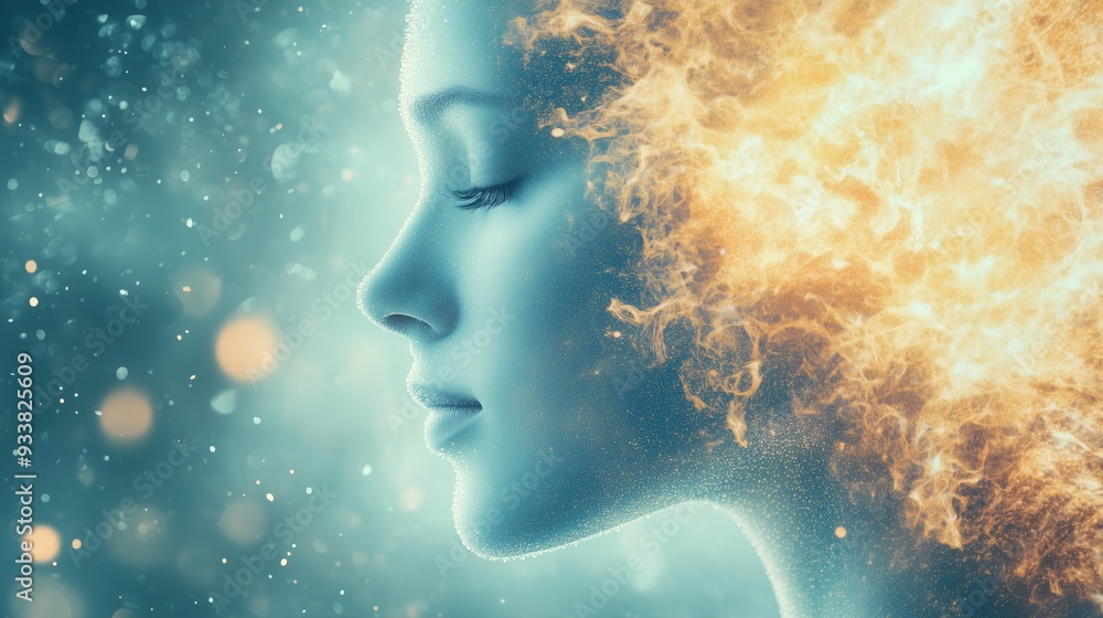 Abstract profile of a woman's face merging with glowing energy and sparks, symbolizing creativity, imagination, and cosmic power. Abstract profile of a woman's face merging with glowing energy and sparks, symbolizing creativity, imagination, and cosmic power.