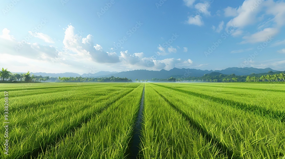 Green Rice Paddy Field with Blue Sky and Mountains in the Distance - Realistic Image Green Rice Paddy Field with Blue Sky and Mountains in the Distance - Realistic Image