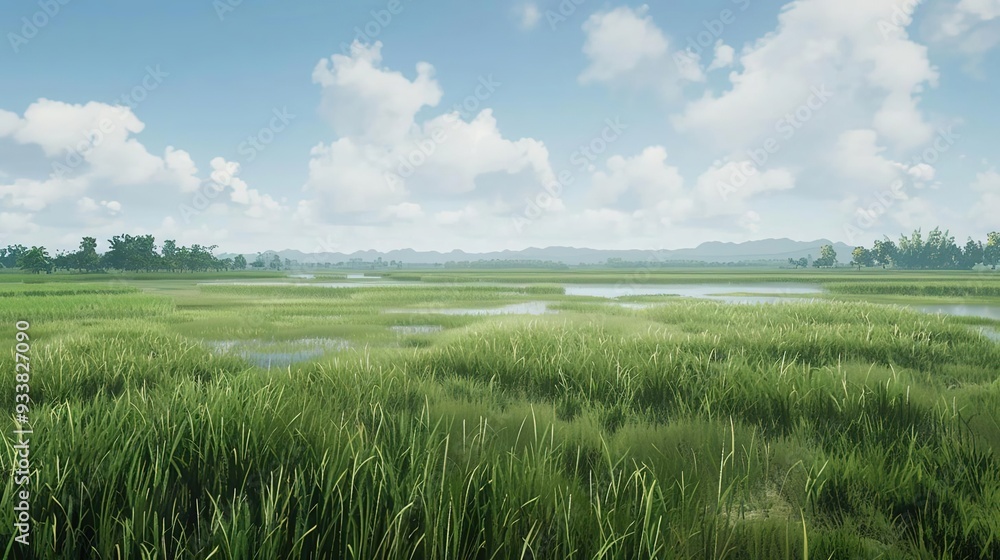 Fototapeta premium Green Grass Field with Water and Trees Illustration