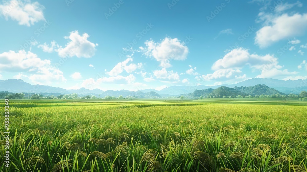 Green Rice Paddy Field with Mountains and Blue Sky Illustration Green Rice Paddy Field with Mountains and Blue Sky Illustration