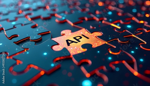 Digital API Integration Concept - Interlocking Puzzle Pieces on Futuristic Tech Background for Connectivity and Interoperability photo