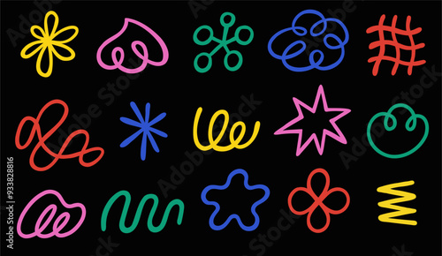 Set of hand drawn various shapes and doodle objects. Abstract elements isolated on a black background.