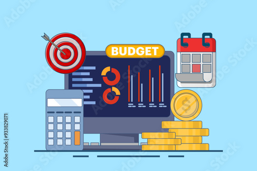 Budget calculation concept, budget business strategy, finance and accounting, economics and investment, budget calculation, profit and loss, report graph creation from data, flat vector illustration.