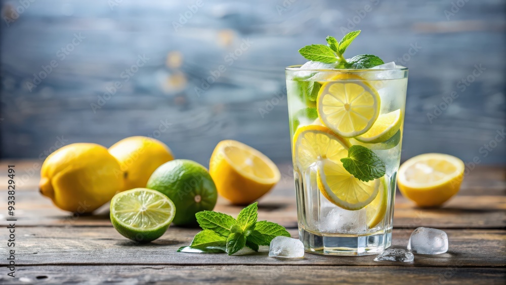 Fototapeta premium Refreshing summer drink with lemon and lime ice cubes in a glass of water , refreshing, summer, drink, lemon, lime