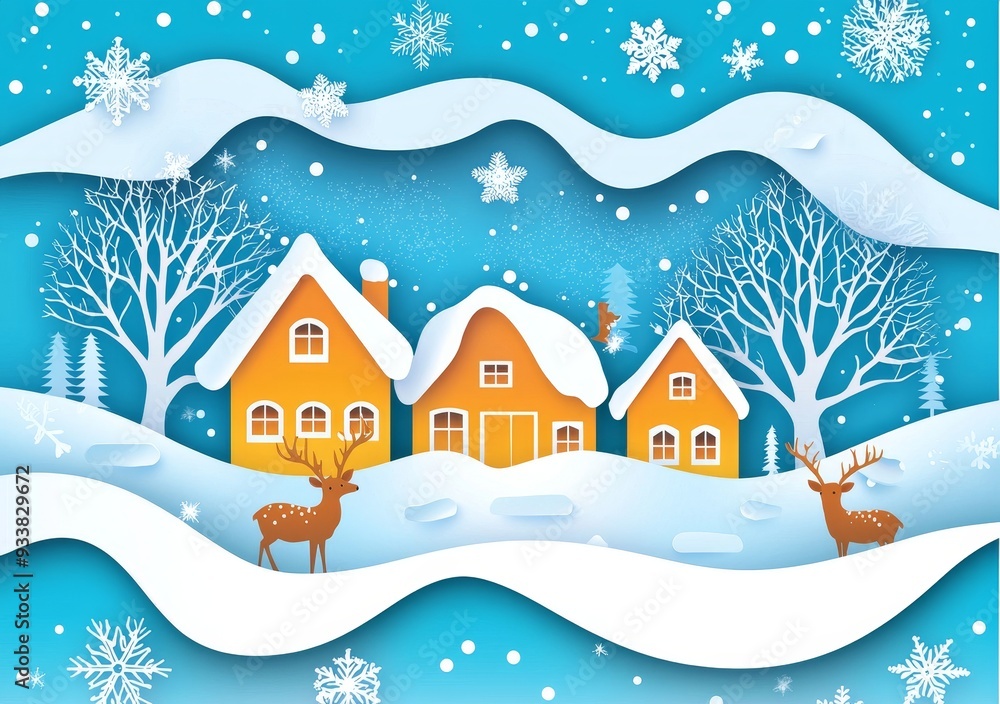 Illustration of deers joyfully grazing on snow during the cold winter season against a modern urban landscape background. Merry Christmas and happy new year. Illustration of deers joyfully grazing on snow during the cold winter season against a modern urban landscape background. Merry Christmas and happy new year.