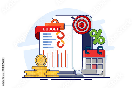 Budget calculation concept, budget business strategy, finance and accounting, economics and investment, budget calculation, profit and loss, report graph creation from data, flat vector illustration.