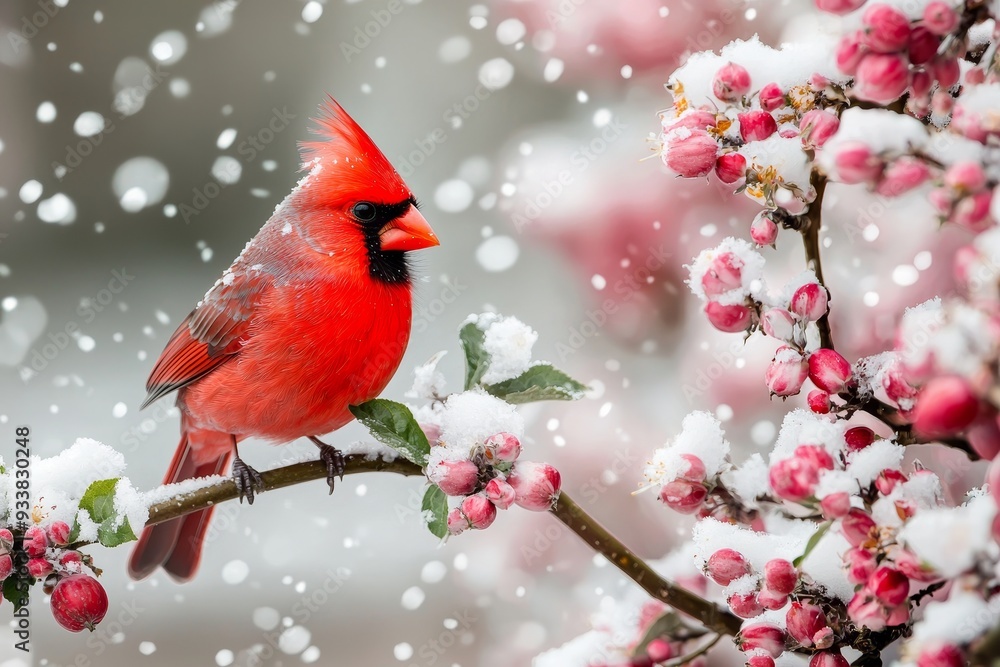A near-closeup of a vivid red northern cardinal, Cardinalis, perched on a tree branch in the middle of a winter snowstorm in Virginia. Snowflakes falling on flower buds but eating them at the same A near-closeup of a vivid red northern cardinal, Cardinalis, perched on a tree branch in the middle of a winter snowstorm in Virginia. Snowflakes falling on flower buds but eating them at the same