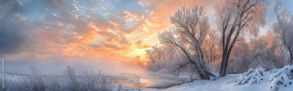 Sunrise over a winter landscape with Christmas lights. Sunrise over a winter landscape with Christmas lights.