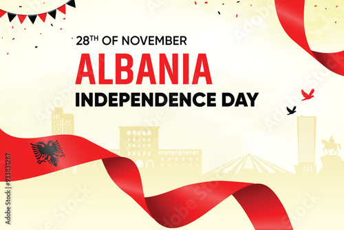 Albania Flag Waving On Skyline Background. Independence Day Concept Design Vector Illustration.