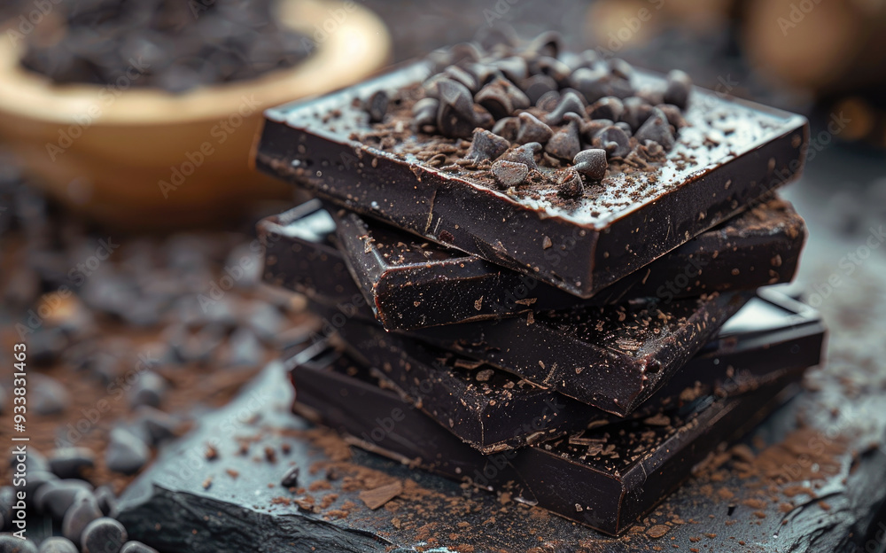 Black chocolate on a dark background, sloppy homemade chocolate bars lie in a pile. Black chocolate on a dark background, sloppy homemade chocolate bars lie in a pile.