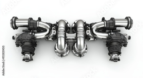 The exhaust pipes system for the engine is isolated on a white background.3D image.