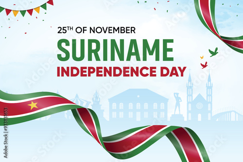 Suriname Flag Waving On Skyline Background. Independence Day Concept Design Vector Illustration.