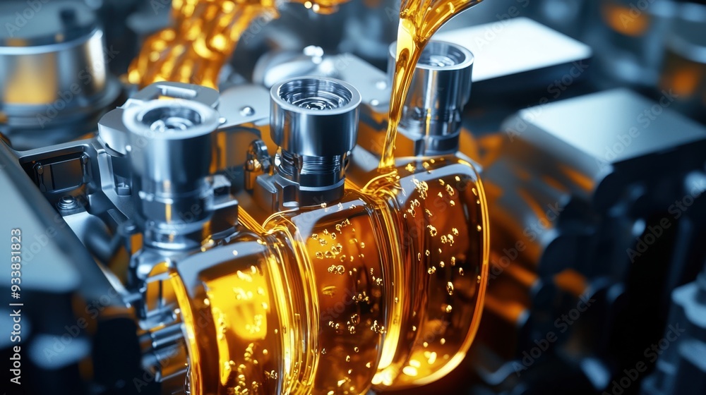 Fototapeta premium 3D rendering of a car engine with glistening motor oil flowing through its parts, emphasizing smooth operation and maintenance.