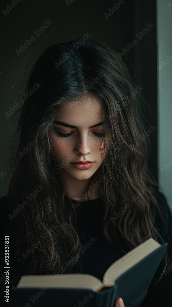 A vertical portrait with a book as the prop, the subject deeply engrossed in reading, creating a reflective mood A vertical portrait with a book as the prop, the subject deeply engrossed in reading, creating a reflective mood