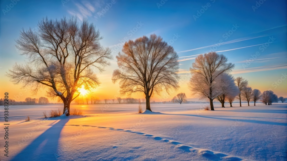 Picturesque view of bare trees on snow covered meadow at beautiful sunrise, winter, landscape, nature, scenic, snowy, tranquil Picturesque view of bare trees on snow covered meadow at beautiful sunrise, winter, landscape, nature, scenic, snowy, tranquil