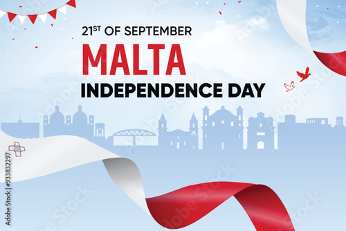 Malta Flag Waving On Skyline Background. Independence Day Concept Design Vector Illustration.