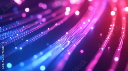 Abstract banner presenting fuchsia blue shining neon curves and bokeh lights Data movement notion