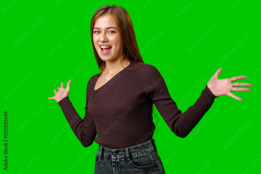 Young Woman Gesturing With Open Palms on Green Screen Young Woman Gesturing With Open Palms on Green Screen