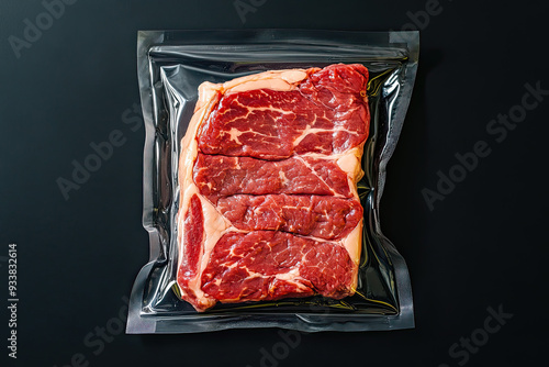 Raw beef rib eye steak in vacuum sealed plastic packaging, top view. Freezer beefsteak on black background, ready for sale. 