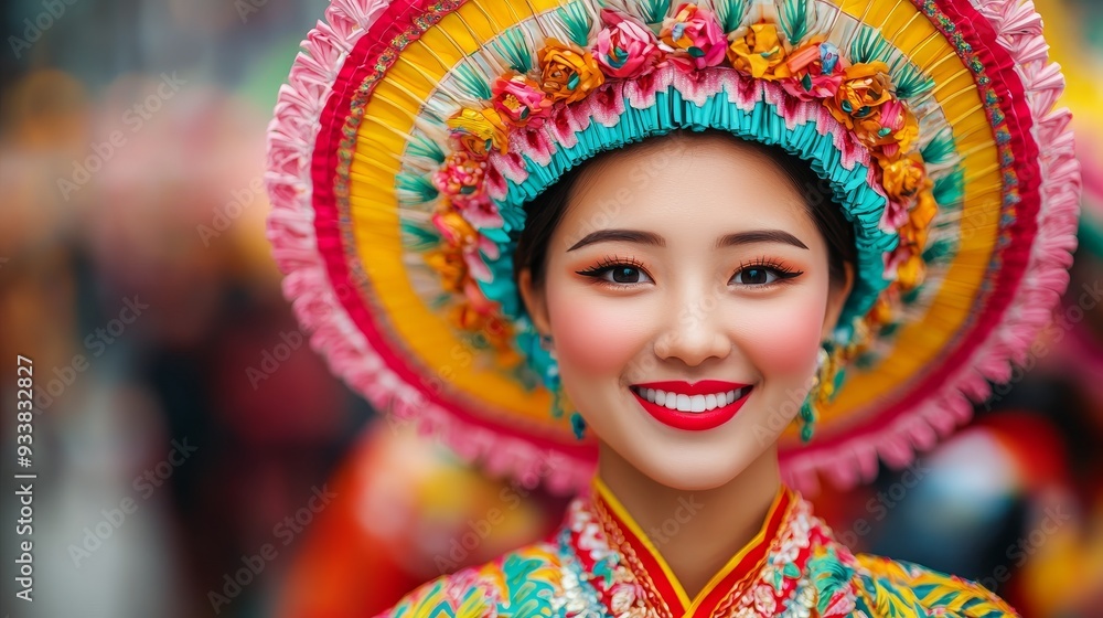 Fototapeta premium A vibrant portrait of a smiling woman in traditional festive attire and colorful headdress, showcasing cultural beauty and joy.