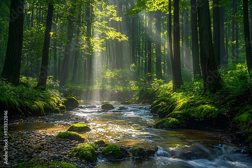 A peaceful, lush forest with towering trees and a gently flowing stream.