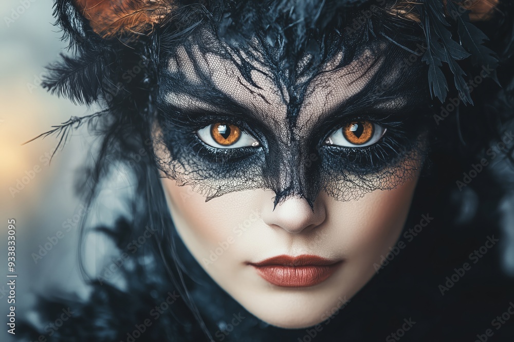 Stunning close-up of a woman in a cat-themed Halloween costume with intense orange eyes, intricate black lace, and feathered details. Perfect for fantasy, fashion, and Halloween themes. Stunning close-up of a woman in a cat-themed Halloween costume with intense orange eyes, intricate black lace, and feathered details. Perfect for fantasy, fashion, and Halloween themes.