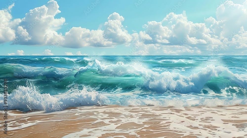 Ocean Waves Crashing on Sandy Beach Illustration Ocean Waves Crashing on Sandy Beach Illustration