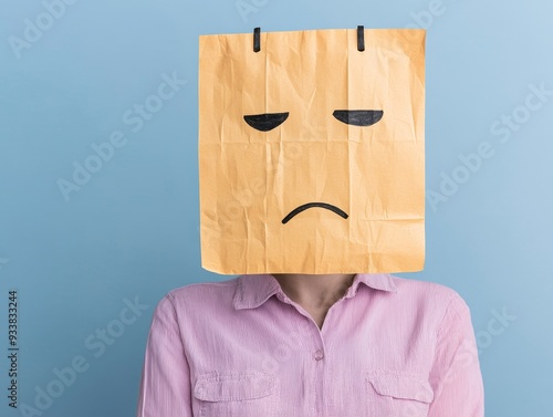 A person with a paper bag over their head, drawn with a sad face.  The background is blue.