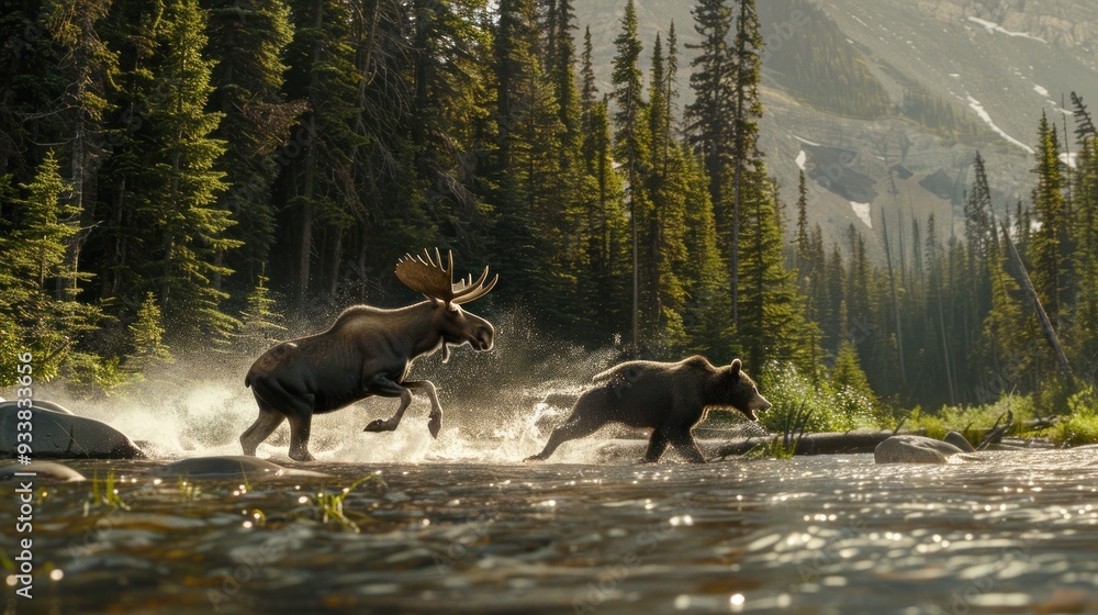 Moose and bear chasing each other through a river. Moose and bear chasing each other through a river.