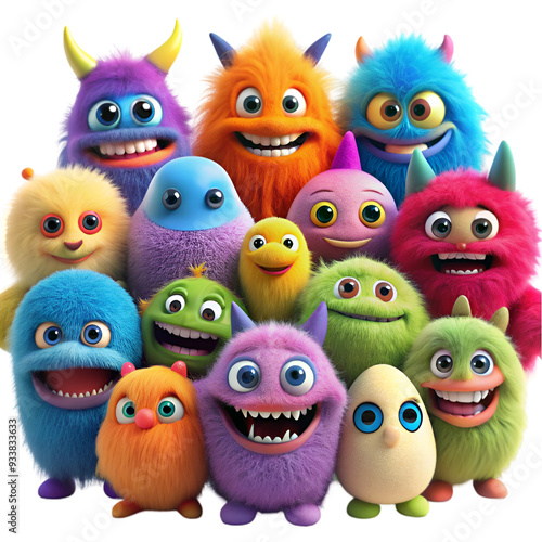 A cute colorful fuzzy grinning monsters