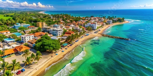 Vibrant beach town of Rincon del Mar, Sucre, Colombia, shines with lush greenery, turquoise Caribbean Sea, and sandy shores in stunning aerial view.