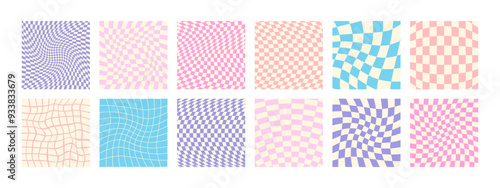 Set of funky groovy backgrounds vector design. Cool abstract colorful patterns. Y2K aesthetic, flat design, 1970 trippy grid, wavy swirl poster collection in bright colors.