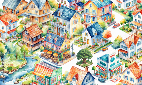 Isometric view of colorful village in a country , watercolor painting style, generative AI.