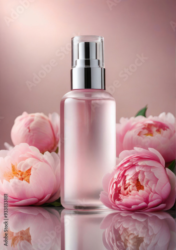 Mock up serum essence or any beauty product from natural ingredients, placed on mirrored glass, a reflective pink surface, surrounded peony rose.