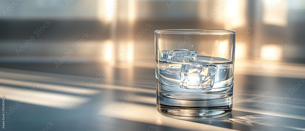 glass of water on the table with sunny glowing background glass of water on the table with sunny glowing background