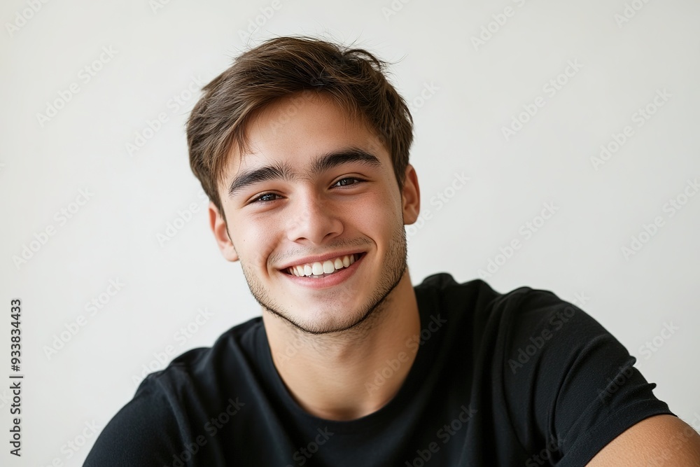 Smiling young man in black shirt on light background Smiling young man in black shirt on light background